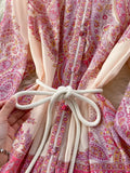 Autumn Holiday Pink Maxi Dress Women Clothing Turleneck Long Lantern Sleeve Flower Retro Print Belted Chiffon Loose Vestidos