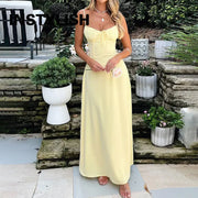 Women Summer Solid Spaghetti Strap Maxi Dress Tie Front Bust Corset Waist Long Dress Elegant Holiday Beach Party Casual Sundress