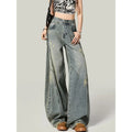 Retro American Spicy Girl High Waist Loose Slim Wide Leg Knife Edge Jeans Women  Autumn New Style Distressed Streetwear