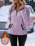Cozy Women's Plush Fleece Half Zip Top Stand Collar Drop Shoulder Hoodie with Ring Zipper Pull and Pocket Casual Loungewear