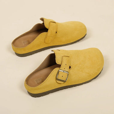 Women's Buckle Mule Slippers Faux Suede Closed Toe Clogs Korean Style Slip‑on Backless Loafers Retro Casual Outdoor Shoes