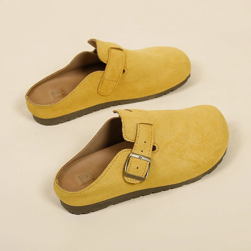 Women's Buckle Mule Slippers Faux Suede Closed Toe Clogs Korean Style Slip‑on Backless Loafers Retro Casual Outdoor Shoes
