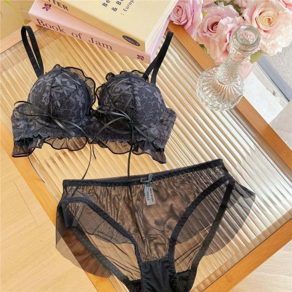 NIEPOセクシーな Japanese Style Lace Bra Set Wireless Thin Cup Bow Tie Band Push Up Anti Sag Soft Lingerie For Small Chest Ladies S-XL