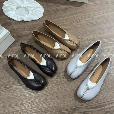 Women's Fashion Casual Pleated Soft Leather Split-Toe Pig Trotters Ballet Flat Loafers Shoes Plus Size Ladies Walking Shoes