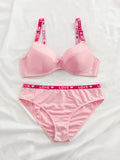Pink Women's Underwear Set Letter Strap Underwire Push Up Bra Comfortable Thin Cup Daily Lingerie Set