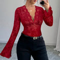 Sexy Slim Fit Floral Lace Blouses Elegant Deep V-neck Mesh Long Sleeve Blouse Streetwear Top Spring Y2k Bell Sleeve Thin Shirts