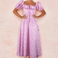 Skinny floral prints Dresses for Summer Women's Dress Square Neck Short Bubble Sleeves High Waist Lace-up Maxi Split Dress