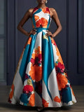 Women Elegant Floral Printed Dress Sleeveless Crew Neck Maxi Evening Dress 2025 New Summer High Waist Slim Party Wedding Dresses