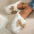Korean Purple Silk Bowknot Home Cotton Shoes 2026 Winter Thicken Warm Long Plush Indoor Slippers Women's Light Anti Slip Slides