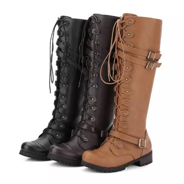 Women Knee high Boots Autumn Winter Lace Up Flat Shoes Sexy Steampunk PU Retro Buckle Medieval shoes Ladies Snow Boots