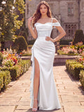 Gold Off Shoulder Satin Evening Dress Sparkly Beaded Bodice Ruched Mermaid Gown High Slit Ruffle Formal Prom Wedding Guest Dress