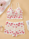 Lips Print Lace Women Sexy Lingerie Set Hollow-out Unlined Camisole Bra Breathable Sheer Women's Underwear Set