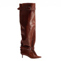 Women Pointed Toe Knee High Boots Double Buckle Strap Stiletto Heel Leather Slouch Thigh High Boots Fashion Party Boots