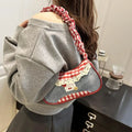 All-match Sweet French Stick Handbag Denim Blue Bow Plaid Shoulder Bag Large Capacity Lace Ribbon Cloth Underarm Bags Daily