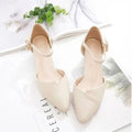 Ladies Elegant Beige Pointed Toe Thin Strap Cross Buckle Mid Heel Sandals Daily Office Shoes