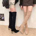 Women's Boots Sexy Pointed Toe Over The Knee Boots Square Heel Warm High Boots Elastic Sock Shoes for Women Suede Back Zip Pumps