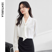 SENTUBILA Office Lady White Tie Blouse Women 2026 Spring Lace-up Collar Long Sleeve Simple Ladies Tops Woman Clothes 143C56765X