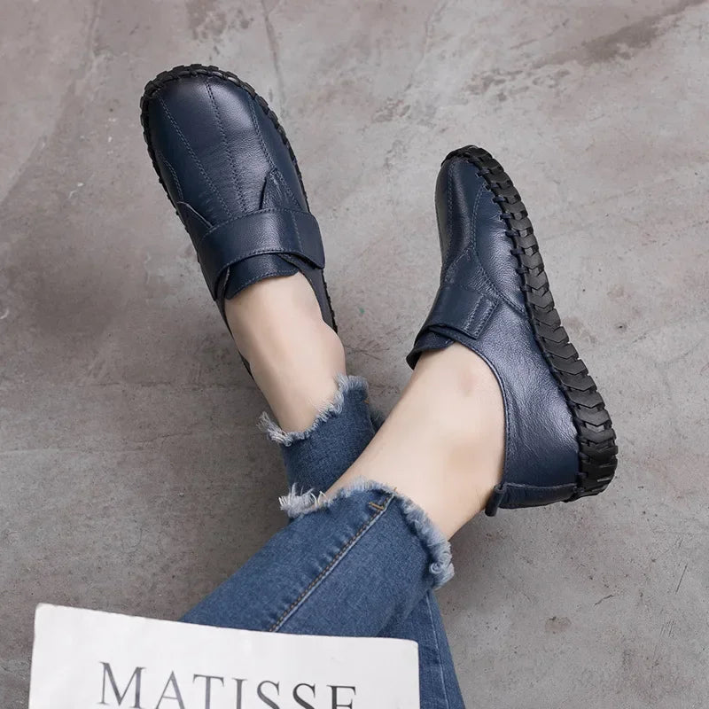 Genuine Leather Shoes For Woman Autumn Flats Female Hook Loop Orthopedic Shoes Big Size 42 Women's Loafers Ladies Blue Moccasins
