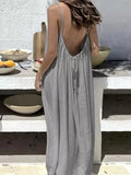 Women's Solid Color Backless Cami Dress Summer Sexy Loose Long Dress Casual Backless Lace-Up Robe Femme Party Dresses Home Wear
