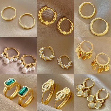 2PCS/Set Fashion Gold Color Hoop Earrings for Women Korean Design Crystal Pearl Dangle Earring Jewelry Pendientes De Mujer