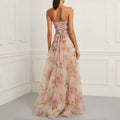 Women Strapless Sweetheart Prom Dress Watercolor Floral Organza 3D Flower Ruffle Slit Floor Length Formal Wedding Guest Dress