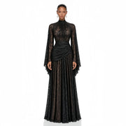 Women High Neck Sheer Floral Lace Maxi Evening Dress Elegant Flare Bell Long Sleeve Formal Gown Wedding Guest Banquet Party