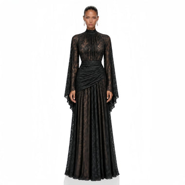 Women High Neck Sheer Floral Lace Maxi Evening Dress Elegant Flare Bell Long Sleeve Formal Gown Wedding Guest Banquet Party
