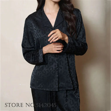 Sexy Black Leopard Pajamas Ice Silk Sleepwear Loungewear Female Long Sleeve Trouser Set Spring Autumn Casual Ice Silk Homewear