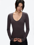 Top Tank Top with Deep V-Neck and Long Sleeves, High-Elastic Slim-Fit Basic Solid Color Base Shirt, Low-Neck Inner Wear Top, Solid Color Low-Neck Slimming Inner Wear T-Shirt, Waist-Cinching Elastic Top Base Shirt