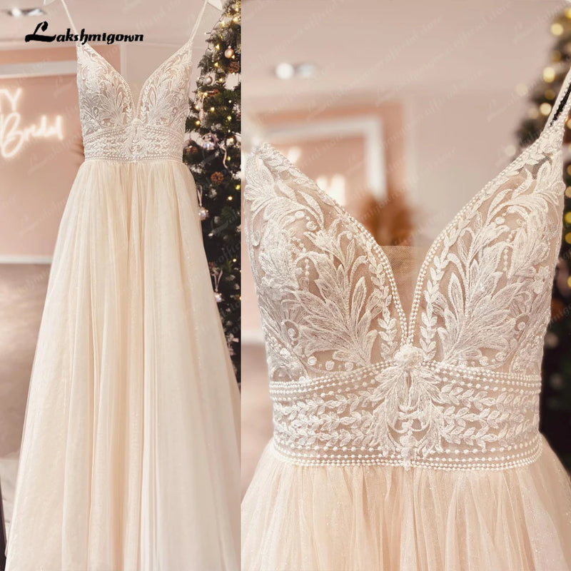 Dress Civil Wedding Lakshmigown Spaghetti Straps Champagne Boho Wedding Dress For Women Vestido Civil Bridal Customized Wedding Gowns Suknie Slubne