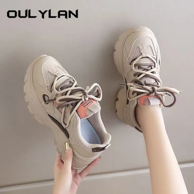 Oulylan Summer Mesh Breathable Sport Shoes Thick Soled Lace Up Walking Footwear Women Casual Light Anti Slip Sneakers