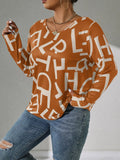 Plus Size Letter Print Long Sleeve Top, Pearl Strap Backless Knotted Blouse For Women