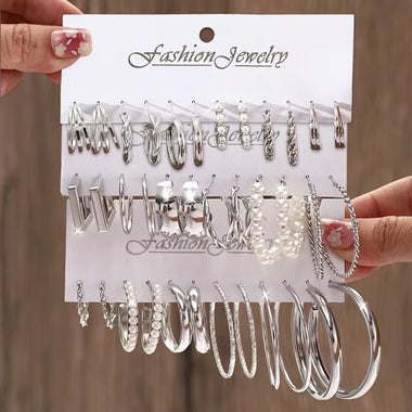 Fashion Silver Color Hoop Earring Set for Women Mixed Styles Twisted Pearl Minimalist C-shaped Earrings Bohemian Jewelry Gifts