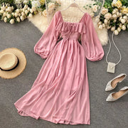 Chic Elegant Square Collar Maxi Dress Women Solid Chiffon Puff Sleeve Dresses 2026 Beach Party Robe Vintage Ruffle Vestidos Y2k