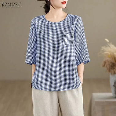ZANZEA Fashion Summer O Neck 3/4 Sleeve Blouse Women Plaid Checked Tops Casual Loose Work Shirt Female Holiday Blusas Mujer 2026
