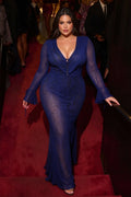 Plus Size Women Blue Leopard Zebra Print Mesh Maxi Dress Deep V Neck Flare Long Sleeve Mermaid Bodycon Evening Party Dress