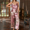 Ice Silk Female 4PCS Robe Pajamas Set Sleepwear Print Cherry Bathrobe Nightgown Trouser Pijamas Suit Loose Homewear Loungewear