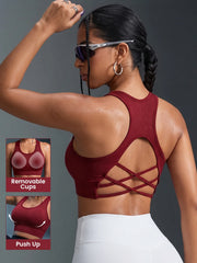 1PC Women Sports Bra Seamless Wireless Racerback Criss Cross Strappy Backless Yoga Crop Top Wide Strap Workout Gym Vest
