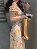 2026 Spring Summer New Sweet Gentle Printed Women's Dress Oil Painting Floral Puff Sleeve Korean Bellflower Chiffon Midi Dresses