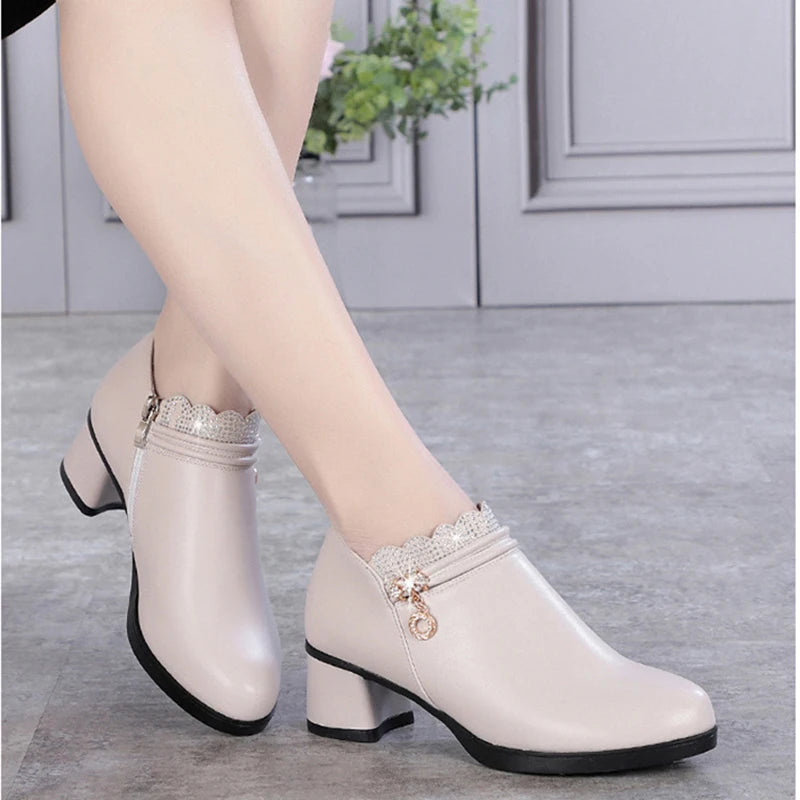 Solid Spring Autumn Women Fashion Pumps Thick High Heels Soft Comfortable Mam Zip Shallow Women Shoes