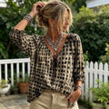 Adjustable Strap V Neck Blouse Women Summer Shirt V Neck Lace Up Blouse Plaid Print Lightweight Chiffon Top Breathable 3/4
