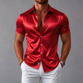 Men's shirt, navy blue short sleeved shirt, slim fit lapel shirt, light luxury business casual men's top, comfortable fabric