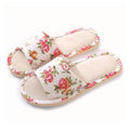 Women Floral Linen Slippers Flat Indoor Home Sandals Anti Slip Comfortable Casual Flax Slides Cute Rose Print House Shoes