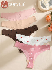5 PCS Womens No Show Seamless Thong Panties, Hollow Heart Design, Soft Stretchy Ladies Underwear, Heart Print Intimate Lingerie