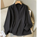 Botvotee Elegant Blouse Women V Neck Long Sleeve Beige Black Work Shirts Casual 2025 New Office Lady Fall Winter Tops