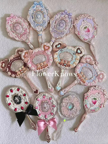 Flower Knows Handheld Makeup Mirror Limited Edition Strawberry Cupid Bunny Garden Bear Relief Pattern for Beauty