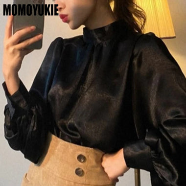 2024 Spring Summer Elegant Women Shirt Casual Long Puff Sleeve Satin Silk Blouse Korean Edition Solid Color Blouses Office Lady