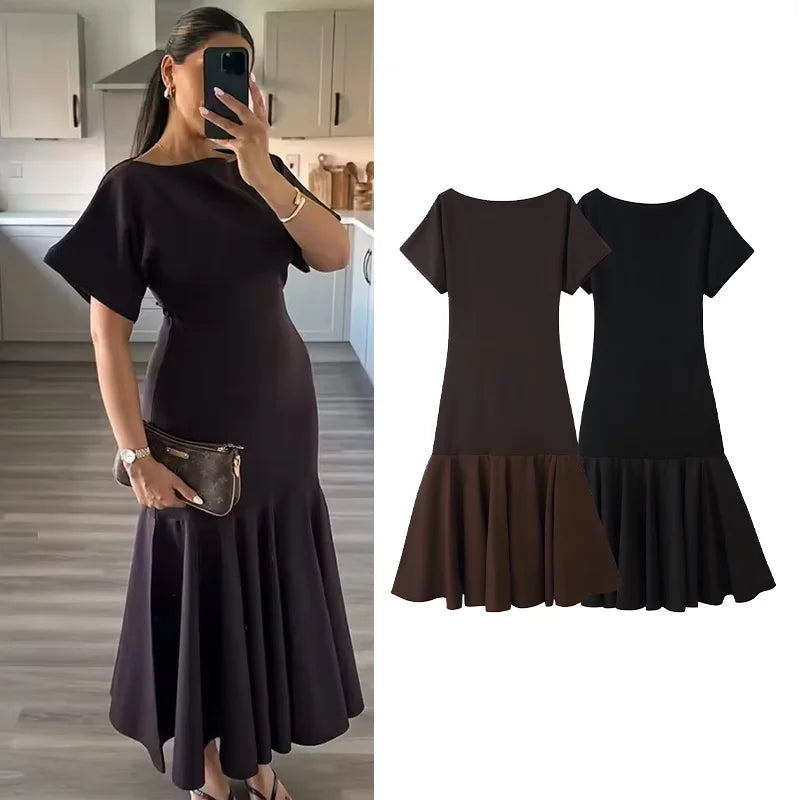 Women's Patchwork Knit Dress Casual O Neck Short Sleeve Solid Pleated Hem Women Elastic Midi Dress Female Chic Long Dresses