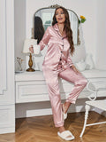 Women's Pajama Solid Pajama Set Long Sleeve Button Up Lapel Top & Pants Pj Set Women's Sleepwear & Loungewear