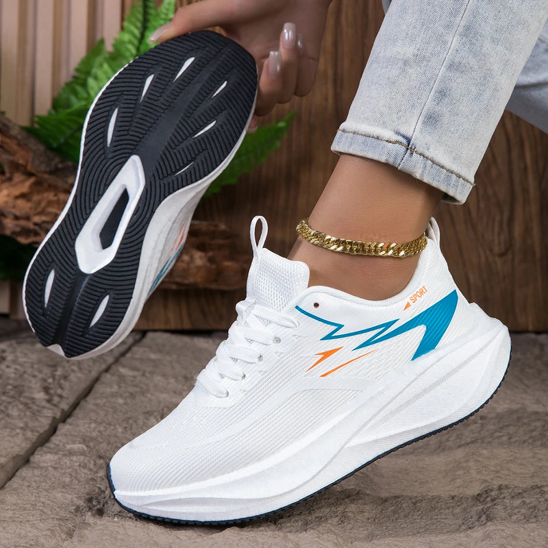 Women's Breathable Mesh Running Sneakers, Lightweight Cushioning Wedge-Shaped Thick-Soled Casual Running Shoes, Non-Slip Rubber Outsole, Walking Training Shoes, Trendy White and Blue Color Scheme, Daily Jogging Fitness Casual Shoes